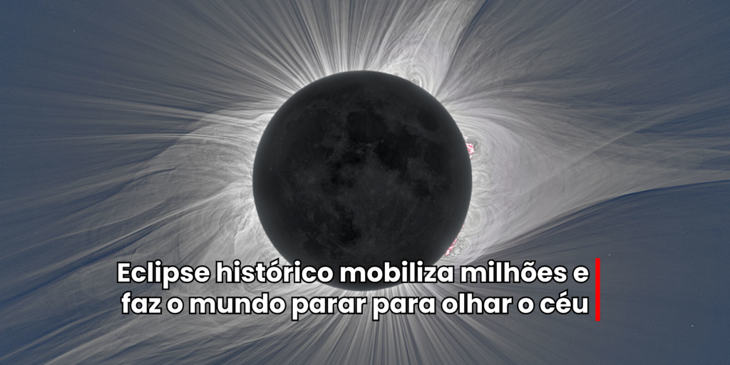 Coroa solar brilhando ao redor da Lua durante um eclipse solar total.