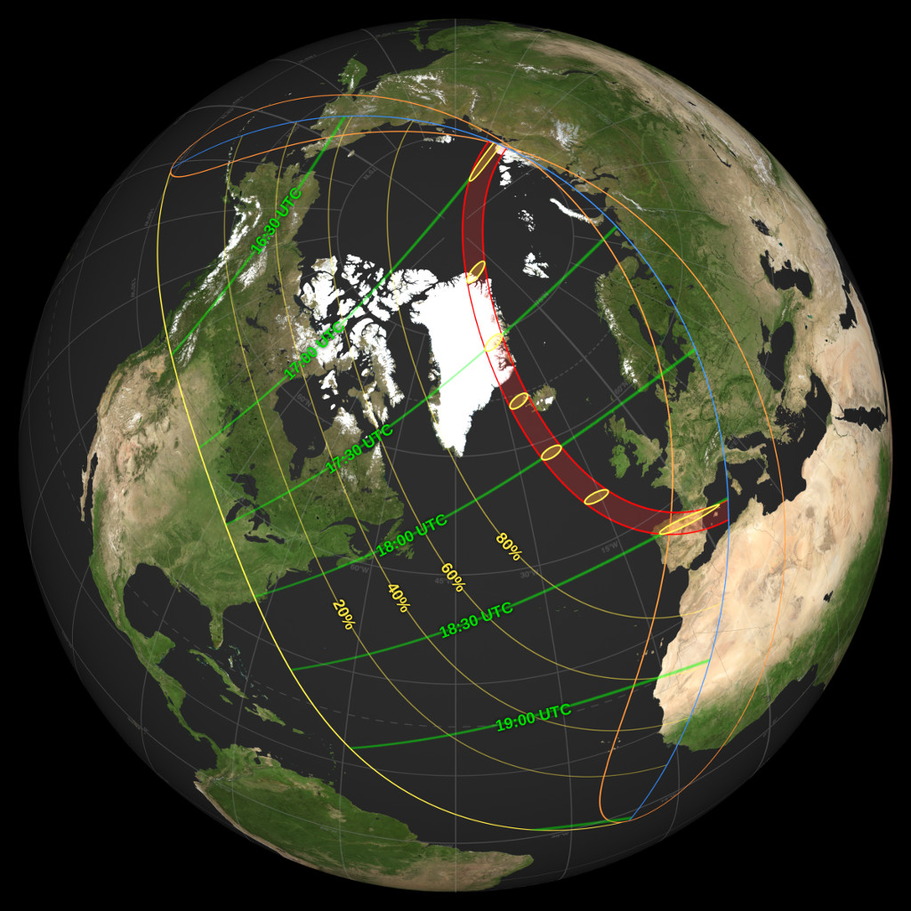 Mapa da NASA mostrando a trajetória do eclipse solar total de 12